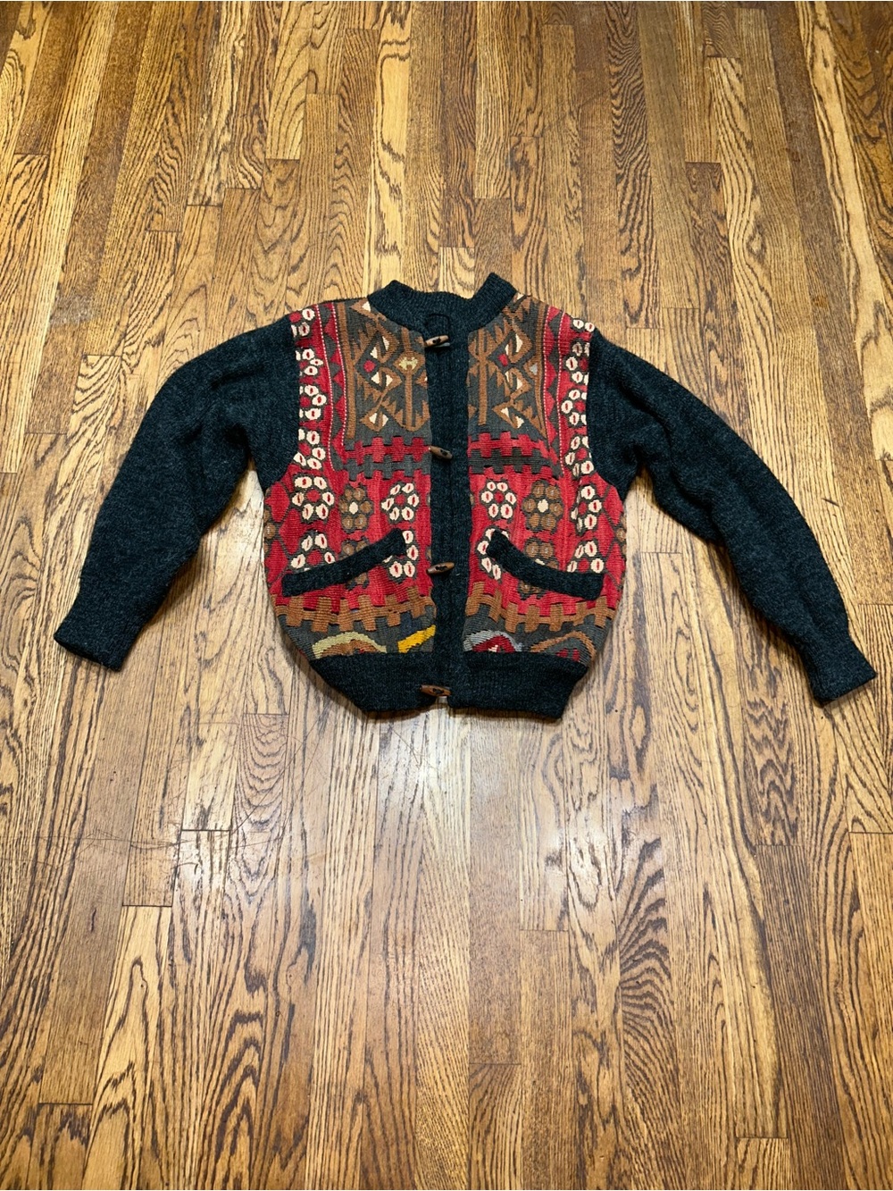 Patterned Toggle Cardigan Sweater - Black with Red & Brown Accents - Picture 2 of 7